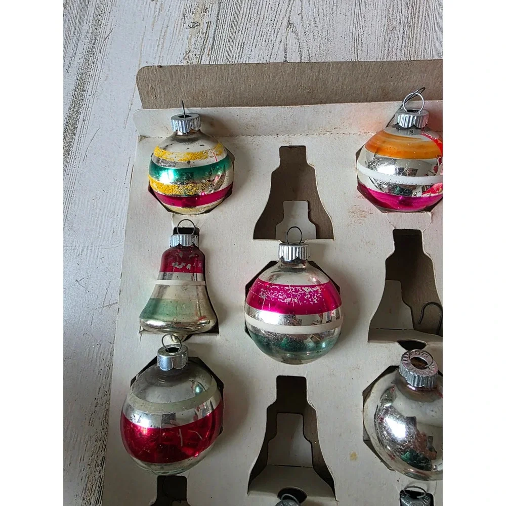 Vintage shiny Brite ornament set Bell striped pink green red box Xmas tree